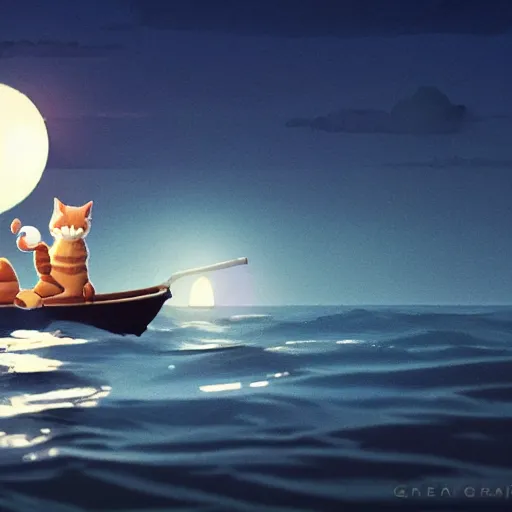 Image similar to a wholesome animation creative key shot of a cat sailing a boat in the night, full shot, studio ghibli, pixar and disney animation, sharp, rendered in unreal engine 5, anime key art by greg rutkowski, bloom, dramatic lighting