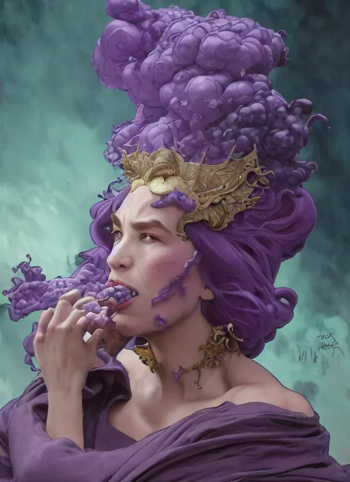 Image similar to mad madam mim, ugly! warts! purple smoke in motion, floating pieces, painted art by tsuyoshi nagano, greg rutkowski, artgerm, alphonse mucha, spike painting