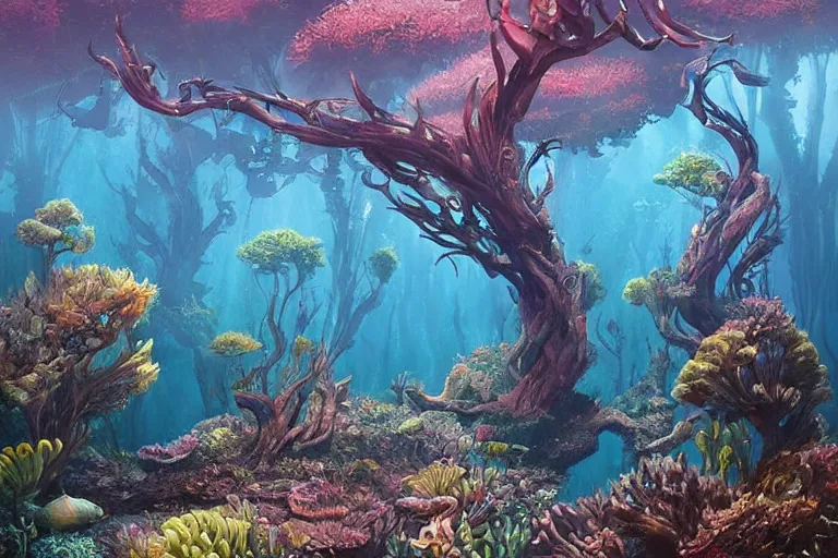 Image similar to Fantastical underwater forest by Eywind Earle and Moebius, trending on artstation