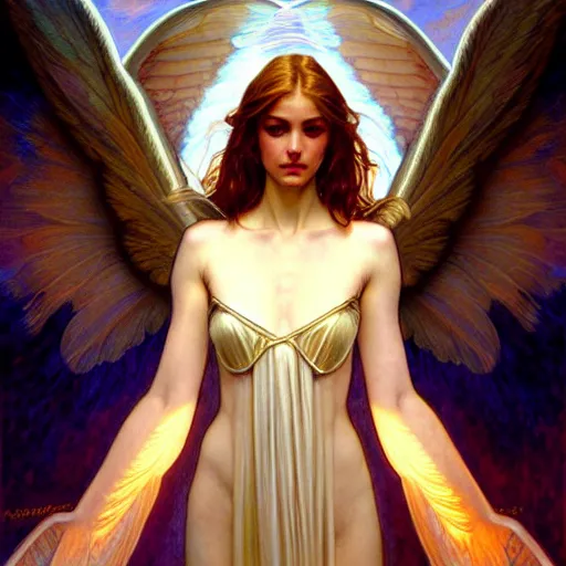 Image similar to Winged girl angel with a glowing halo, face, fantasy, intricate, elegant, dramatic lighting, highly detailed, lifelike, photorealistic, digital painting, artstation, concept art, smooth, sharp focus, illustration, art by John Collier and Krenz Cushart and Artem Demura and Alphonse Mucha and and Albert Aublet