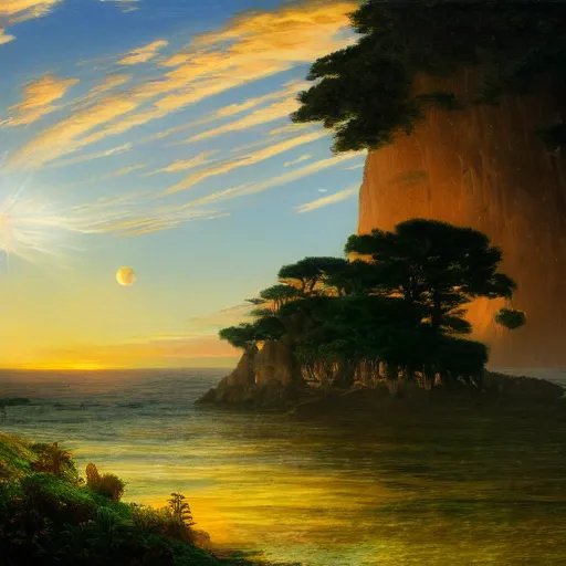 Prompt: a sunset by frederick waugh, cinematic angle, studio Ghibli and Thomas Cole vibe, bold, beautiful composition, intricate, digital art, detailed oil painting, hyperrealistic, sharp focus, 8k