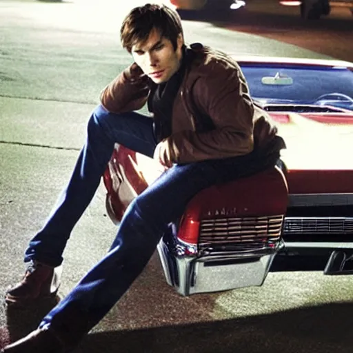 Prompt: Ian Somerhalder as Dean Winchester in Supernatural, leaning against a 1967 chevrolet impala at night