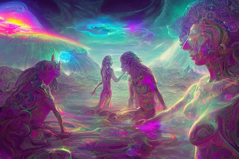 Image similar to a psychedelic realm at the edge of existence where intensely creative astral beings live, the astral beings are holding each other to share love, in the style of wlop, illustration, epic, fantasy, hyper detailed, smooth, unreal engine, sharp focus, ray tracing