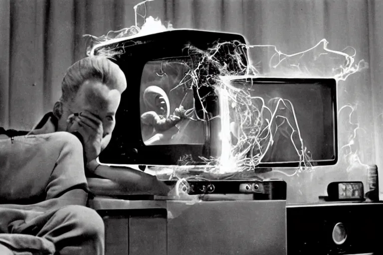 Image similar to a subgenius is shocked to see an alien appear on his television in his living room. sparks and smoke come out of the television. film still from 1 9 5 0 s sci - fi