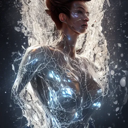 Prompt: a highly detailed digital image of a shattering futuristic woman elegantly tangled in liquid like leaves, by Andrew Chiampo, artstation, and Frederik Heyman, extremely detailed woman, stunning volumetric lighting, hyper realism, fantasy 4k