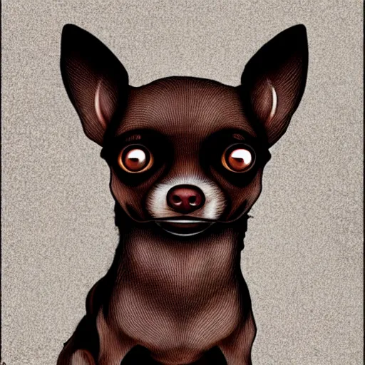 Prompt: a dark brown chihuahua, hyper detailed, in the style of junji ito, full body