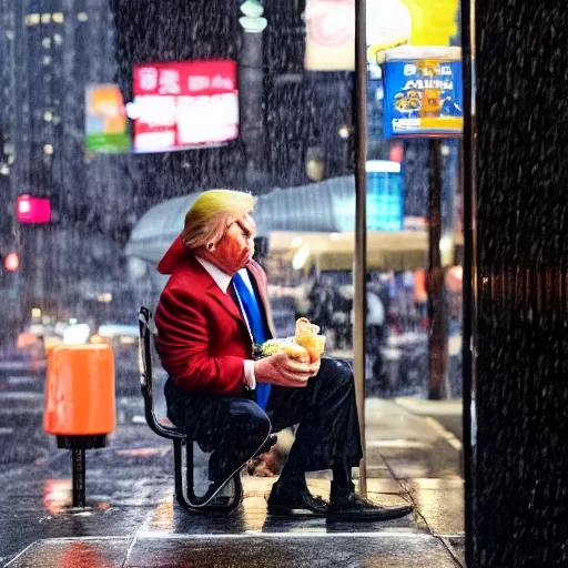 Image similar to donald trump eating maru-chan noodles at a bus stop on a rainy night in New York City in front of Trump Towers