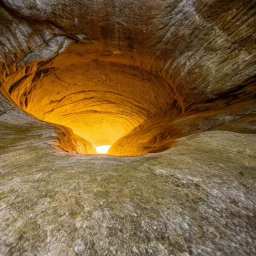 Image similar to vast interior chamber of a large, natural gorge, sunlight visible from above