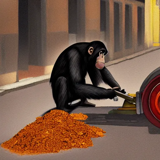 Image similar to a chimpanzee picking up pennies in a street with a large steamroller in the background, dramatic lighting, highly detailed digital painting