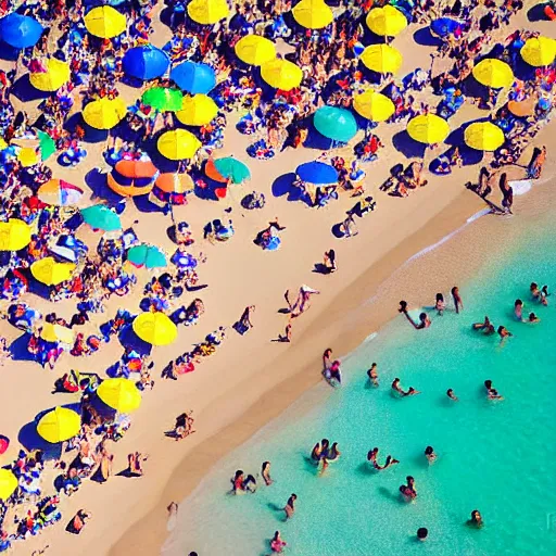 Image similar to photograph beachscapes from an almost perpendicular angle, Aerial view of sandy beach with umbrellas and sea, Aerial of a crowded sandy beach with colourful umbrellas, sun bathers and swimmers during summer, by Tommy Clarke