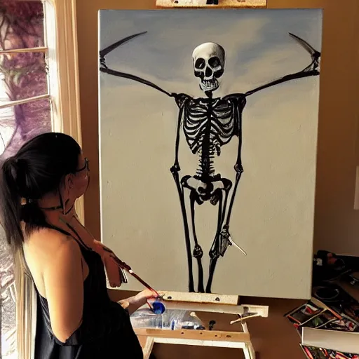 Image similar to human skeleton painting a painting of a skull