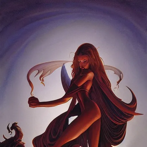 Image similar to painting in style of michael whelan, the super hot, dark angel of coffee