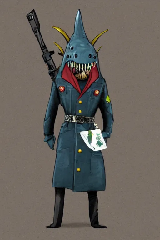 Image similar to Blåhaj shark in a commisar outfit