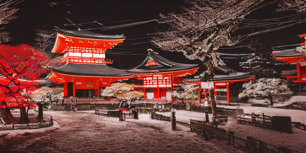 Prompt: a Japanese shrine, snowing, photograph, cyberpunk, sharp focus, intricate detail, drone shot, high resolution, 8k, neon streetlights, wires hanging down everywhere, Japan, colourful,,