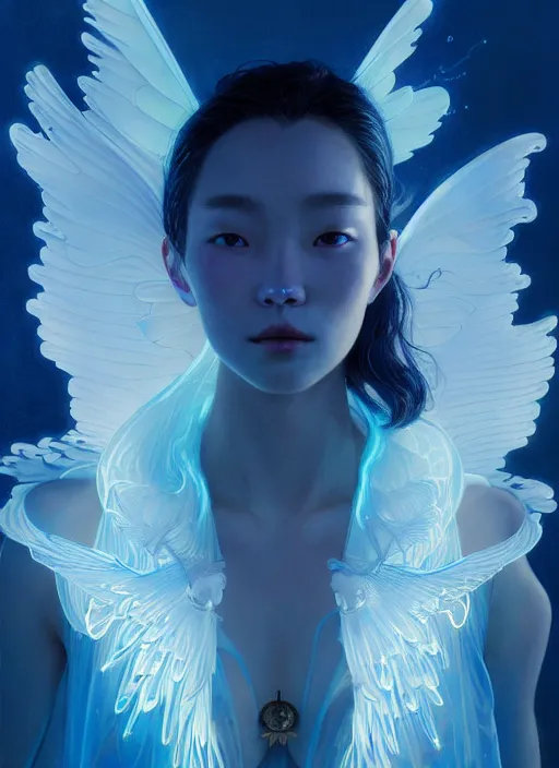 Prompt: character design by james jean, jakub rebelka, tran nguyen, yoann lossel, wadim kashin ( ( ( portrait of hoyeon jung with white high - tech wings in a royal blue chic bra ) ) ) emerging from a bioluminescent wave, sharp edges. ultra clear detailed. 8 k. ultra detailed, majestic, intricate,