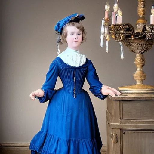 Prompt: girl in a blue victorian dress with a chandelier in her hand