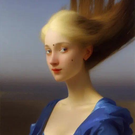 Image similar to a young woman's face, her hair is white and she wears a cobalt blue satin cloak, by ivan aivazovsky and syd mead and moebius and gaston bussiere and roger dean and pieter claesz and paul delaroche and alma tadema and aelbert cuyp and gabriel metsu, hyperrealistic, volumetric light, octane render