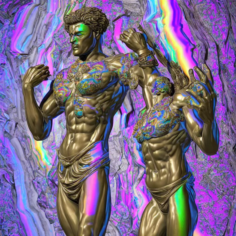 Image similar to stylized rainbow bismuth ornate statue full body made of marble of judas, perfect symmetrical body, perfect symmetrical face, hyper realistic, hyper detailed, by johannen voss, by michelangelo, octane render, blender, 8 k, displayed in pure white studio room luxury