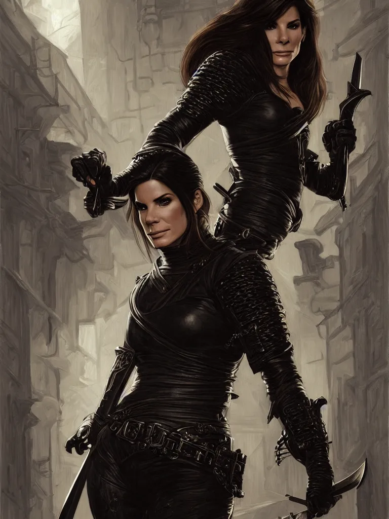 Prompt: portrait of a young sandra bullock as a thief wearing black leather armor and wielding a dagger in a dark alleyway, fantasy, intricate, elegant, highly detailed, digital painting, artstation, concept art, matte, sharp focus, illustration, art by j. c. leyendecker