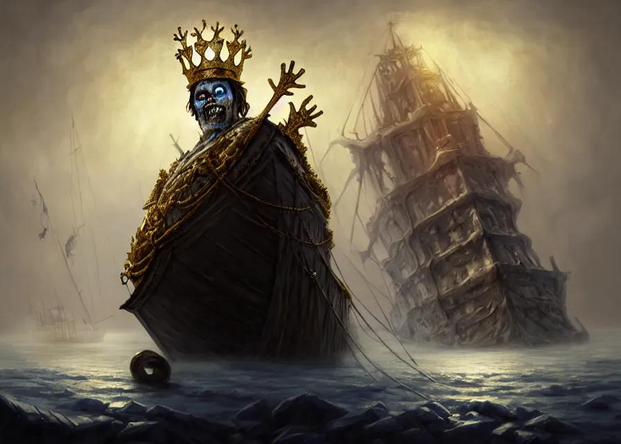 Image similar to frozen zombie king with gold crown, eyes are glowing, broken sailing ship boat in the background, is at dawn and bluish, fantasy, intricate, elegant, highly detailed, digital painting, artstation, concept art, matte, sharp focus, illustration, art by aenaluck and roberto ferri and greg rutkowski, epic fantasy, digital painting