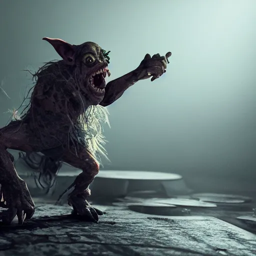 Image similar to full body pose, hyperrealistic photograph of a goblin rockstar, dim volumetric lighting, 8 k, octane beautifully detailed render, extremely hyper detailed, intricate, epic composition, cinematic lighting, masterpiece, trending on artstation, very very detailed, stunning, hdr, smooth, sharp focus, high resolution, award, winning photo, dslr, 5 0 mm