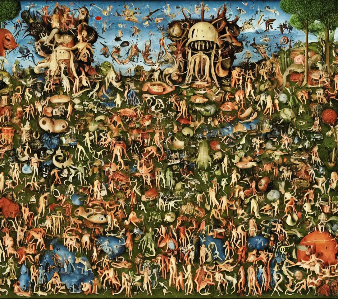 Image similar to 3 5 mm phtography, kodachrome of grandparents with alien, creatures and alien plants with garden of earthly delights bosch style