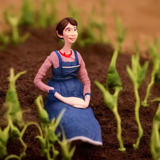 Image similar to a cinematic film still of a claymation stop motion film starring anne hathaway as female farmer, shallow depth of field, 8 0 mm, f 1. 8