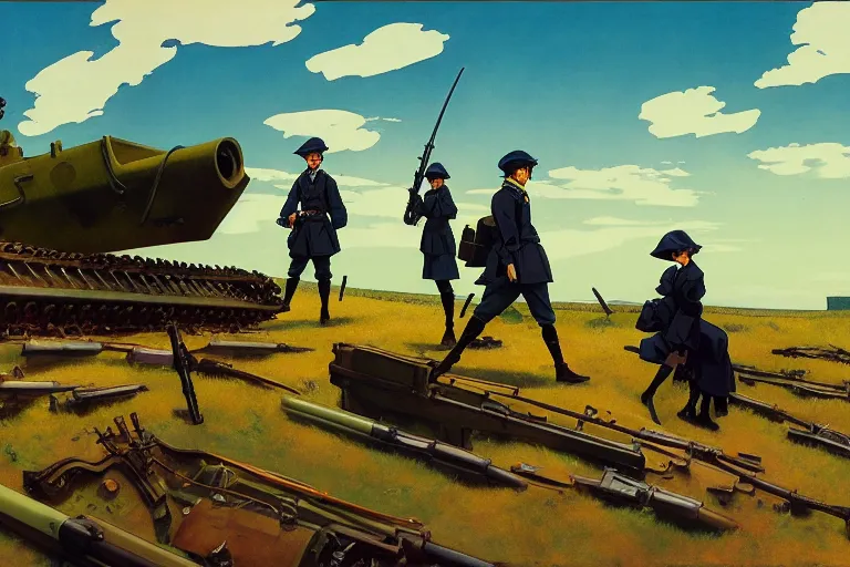 Image similar to anime key visual depicting the horros 1 9 1 8 great war, anime maids riding early tanks, matriarchy, old bolt action rifles, biplanes in the sky, blood anguish terror, jamie wyeth james gilleard edward hopper greg rutkowski acrylic painting, preserved museum piece, historical