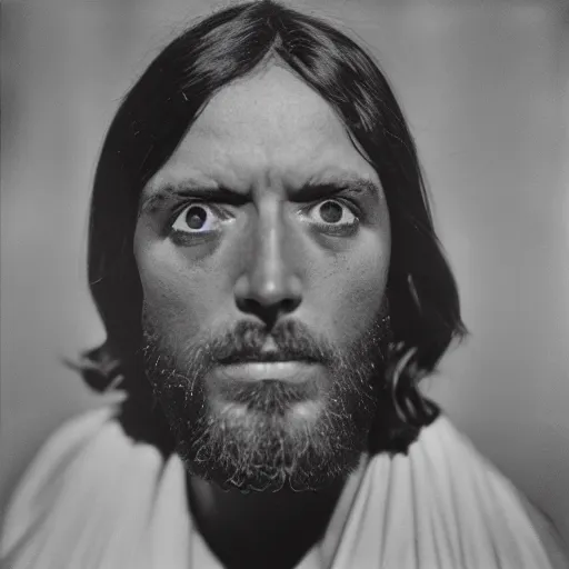 Image similar to photo of Jesus Christ by Diane Arbus, black and white, high contrast, Rolleiflex, 55mm f/4 lens