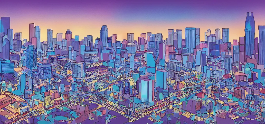 Image similar to concept illustration art for los angeles skyline by lou romano and dice tsutsumi