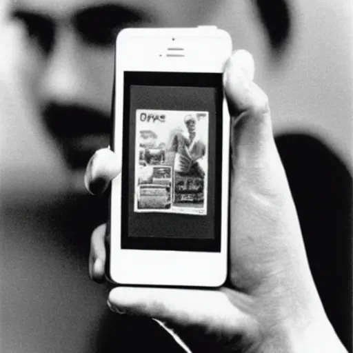 Image similar to a 1980's picture of a man holding an Iphone, Iphones in the 1980s, old photograph, advertisement for the Apple Iphone, video game advertisement