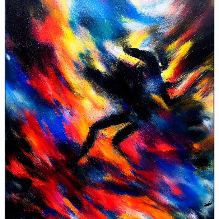 Prompt: abstract, a thin, fit man's body explodes in abstract, thick flowing dramatic brush strokes, strong wind, black background, matte colors, impressionist, extreme motion, trending on artstation