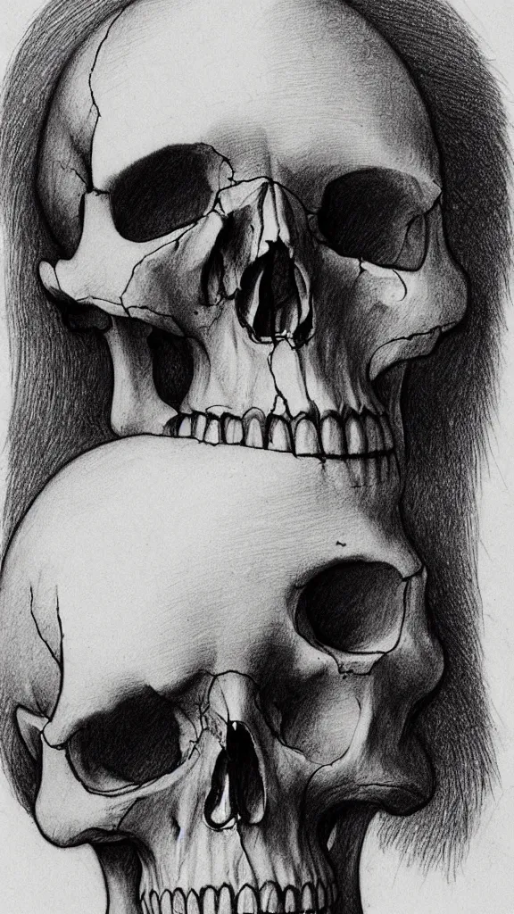 Prompt: Leonardo da Vinci pencil sketch of the human skull, Body horror, Biopunk, Creepy