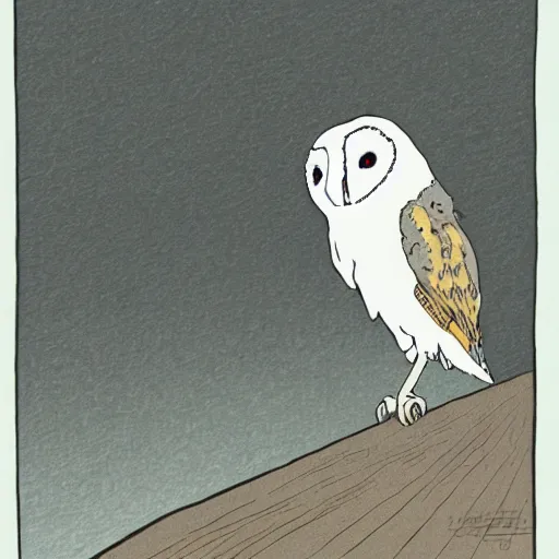 Prompt: barn owl in a black suit wearing an office bag going to the office,drawn by Hayao Miyazaki and Beatrix Potter, highly detailed,anime, anime shot,anime colours, inspired by My Neighbor Totoro 1988,cell shading