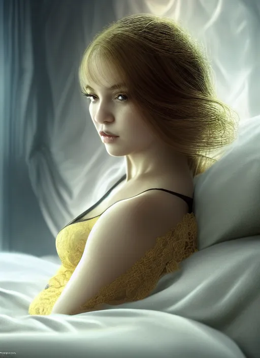 Image similar to young woman beautiful face : : golden lace peignoir : : lie in bed at night black room : : weta disney pixar movie still photo : : decadent highly - detailed digital painting, soft dark light, full length shot, golden ratio, octane render, artstation, smooth, sharp focus, artgerm, mucha, loish, wlop, gogo