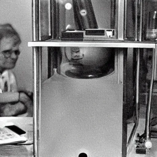 Prompt: Scientists testing out a new teleportation device, 1980 archival photo