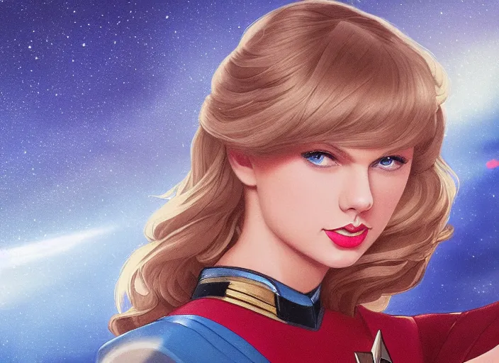 Image similar to a disney film still of taylor swift as a star trek officer, finely detailed features, closeup of the face, perfect art, dusk, blue hour, gapmoe yandere grimdark, trending on pixiv fanbox, painted by greg rutkowski, makoto shinkai, takashi takeuchi, alphonse mucha, akihiko yoshida