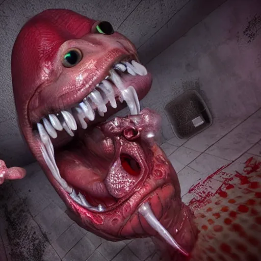 Image similar to realistic long textured tongue, wet humanoid alien,, dripping acid saliva, smoke, mouth in mouth, 8 alien eyes, metallic fangs, thin red veins, grey snake scale skin, cinematic light shadows, slimy reflections, crawling in a sewer pipe, flashlight lighting, insanely detailed