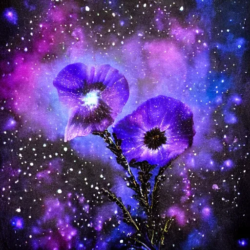 Prompt: detailed, intricate blue black and purple papaverum flower on the field, nebula, galaxy in the sky