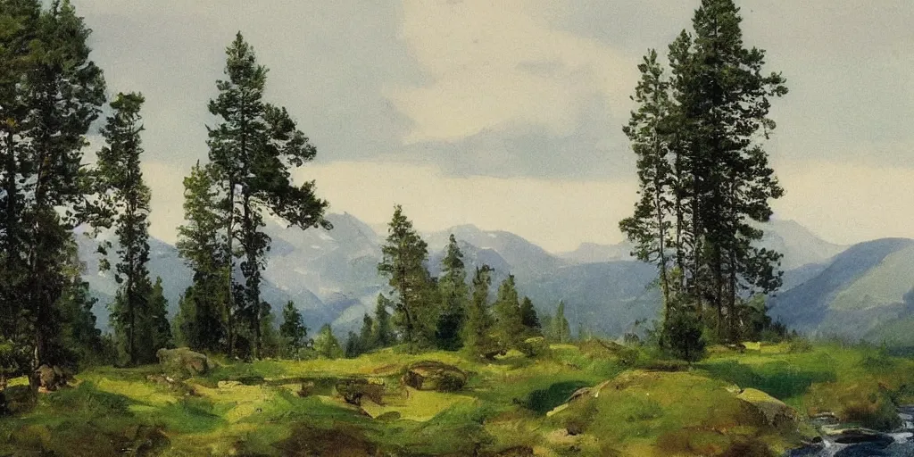 Image similar to dramatic swedish landscape, mountains covered in trees, in the style of anders zorn