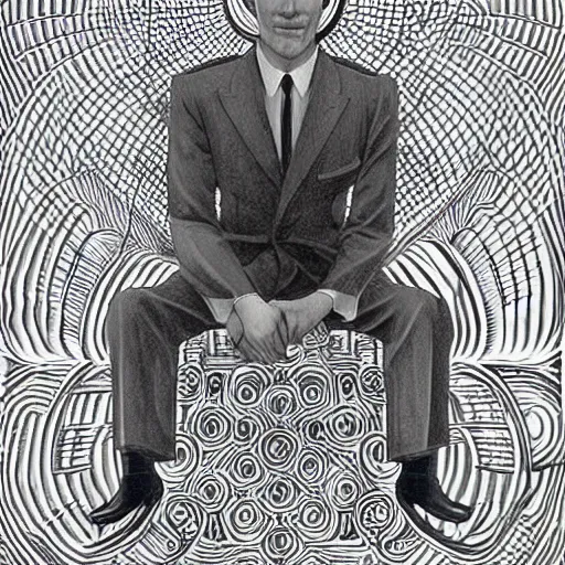 Image similar to cell shading opulent by chris van allsburg. a photograph of a suit. the man's eyes are closed & he has a serene, content look on his face. his arms are crossed in front of him & is floating in space. background is swirling with geometric shapes & patterns.