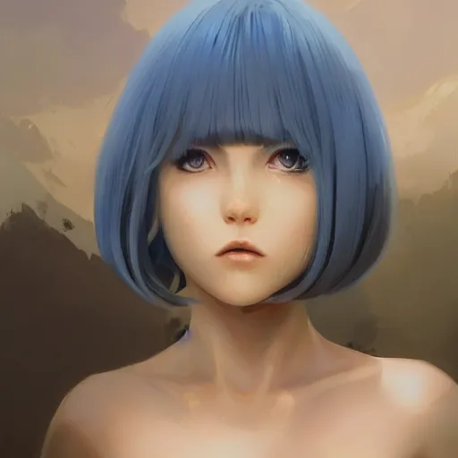 Image similar to ilya kuvshinov with long sky blue hair, gold eyes, boyish face, professional digital painting, concept art, ultra sharp, 8 k, cinematic, wlop, color block, in the background, art by greg rutkowski, pixiv art, art nouveau, yoshitaka amano