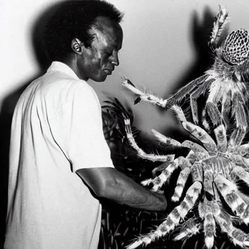 Prompt: miles davis shaking hands with a giant humanoid tarantula