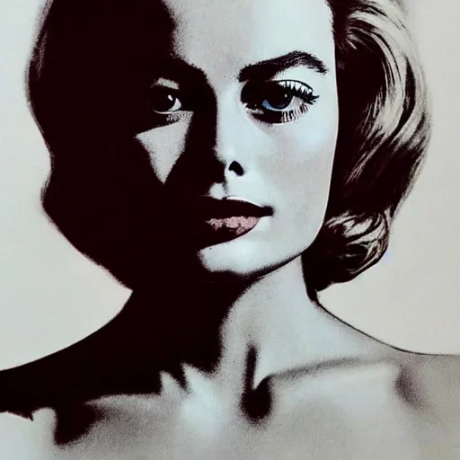 Image similar to beautiful portrait of margot robbie, detailed face, by andy warhol, symetry!!