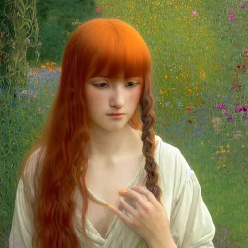 Image similar to A young woman with orange long hair and bangs in shorts and white shirt drawn by Donato Giancola and Makoto Shinkai, Edmund Leighton, Alphonse Mucha, background by James Jean and Gustav Klimt, 4k, porcelain skin, volumetric lighting, french nouveau, trending on artstation, octane render, hyperrealistic