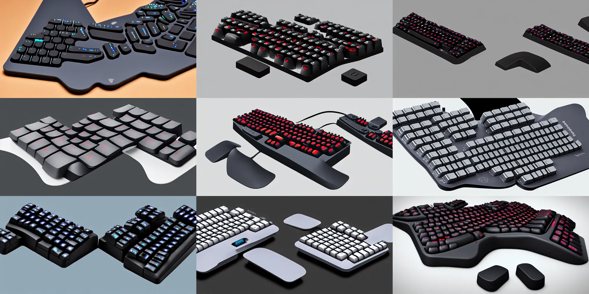 Prompt: ergodox, small ergonomic split keyboard design, simon stalenhag, syd mead, futuristic, modular, zaha hadid
