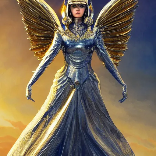 Image similar to a beautiful angel with a golden helmet wearing a silver armor with golden ornaments and diamonds jewelry, wings by alex gray and android jones, karol bak, ayami kojima, amano, concept art, character design, fantasy, 3 d, 8 k resolution