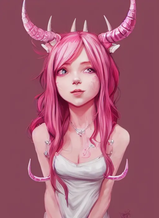 Image similar to a highly detailed illustration of cute smug pink haired pale girl with horns wearing great pink dress, dramatic smirk pose, intricate, elegant, highly detailed, centered, digital painting, artstation, concept art, smooth, sharp focus, league of legends concept art, wlop.
