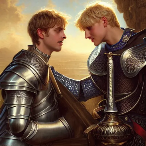 Image similar to attractive arthur pendragon and his favourite attractive male knight, they are in love, camelot, natural lighting, path traced, highly detailed, high quality, digital painting, by gaston bussiere and ross tran and j. c. leyendecker