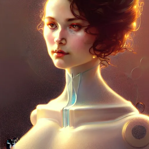Image similar to beautiful Ameca Humanoid Robot, intricate, elegant, highly detailed, digital painting, artstation, concept art, smooth, sharp focus, illustration, art by artgerm and greg rutkowski and alphonse mucha and loish and WLOP